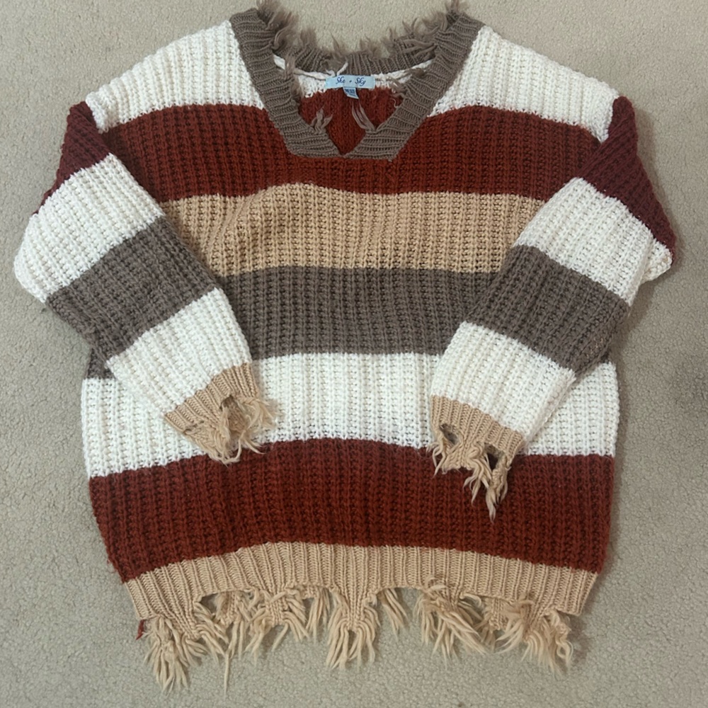 She + Sky Striped Oversized Distressed Sweater